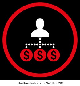 Money Collector vector icon. Style is bicolor flat circled symbol, red and white colors, rounded angles, black background.