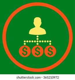 Money Collector vector icon. Style is bicolor flat circled symbol, orange and yellow colors, rounded angles, green background.
