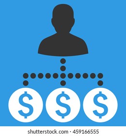 Money Collector vector icon. Style is flat symbol, white color, blue background.
