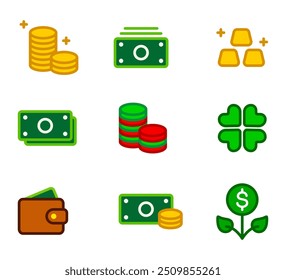 money color icon set. Dollar plant sign. Golden coin symbol. Cash pictogram. clover green illustration. gamble game design.