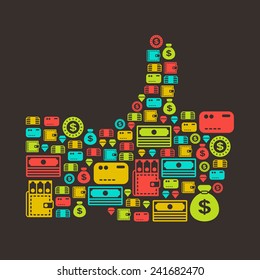 money color icons arranged in thumb up shape on black background