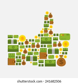 money color icons arranged in thumb up shape on white background