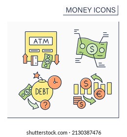 Money color icons set. Automated teller machine, bills, debt, exchange rate. Business concept. Isolated vector illustrations