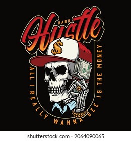 Money colorful badge in vintage style with skull in baseball cap and skeleton hand with gold ring and bracelet holding dollar banknotes isolated vector illustration