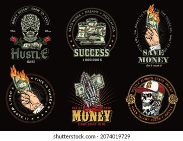 Money colorful prints in vintage style with roses male hands holding burning dollar bills skeleton hands with cash banknotes elegant skull and skull in baseball cap isolated vector illustration
