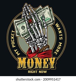 Money colorful round logo in vintage style with skeleton hands with gold decorations holding one hundred US dollar bills isolated vector illustration