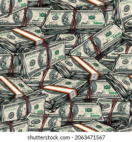 Money colorful seamless pattern with bundles of dollar banknotes in vintage style vector illustration