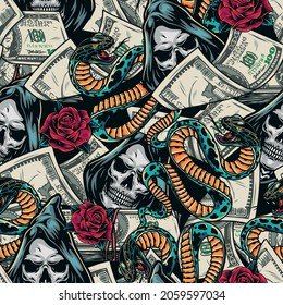 Money colorful seamless pattern in vintage style with falling dollar banknotes and stacks rose flowers snakes grim reaper head in hood vector illustration