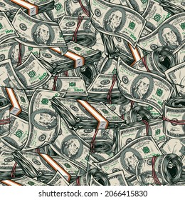 Money colorful seamless pattern in vintage style with stacks and rolls of dollar banknotes vector illustration