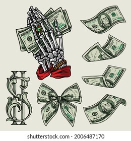 Money colorful vintage elements concept with american currency bills bow tie of dollar banknotes skeleton hands with ring and gold bracelet holding dollar notes isolated vector illustration