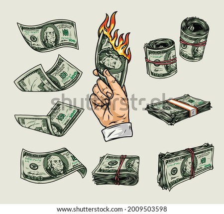Money colorful vintage elements set with male hand holding burning dollar bill falling american cash notes rolls and stacks of one hundred US dollar banknotes isolated vector illustration
