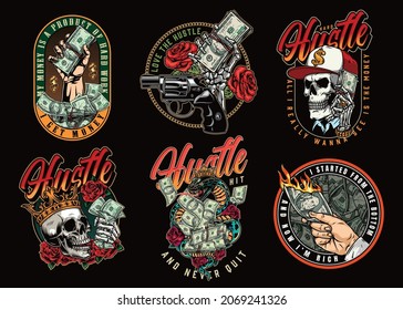 Money colorful vintage prints with skeleton and male hands holding dollar banknotes skulls in baseball cap and crown poisonous snake roses gun gold chain and inscriptions isolated vector illustration