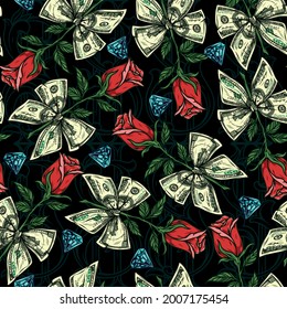 Money colorful vintage seamless pattern with diamonds and bows of dollar bills on rose stems isolated vector illustration