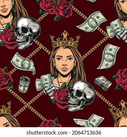 Money colorful vintage seamless pattern with pretty girl in crown skeleton hand holding cash banknotes gold chain rose flowers skulls falling dollar bills vector illustration