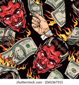 Money colorful vintage seamless pattern with falling dollar bills spooky devil heads fire flames male hand holding burning one hundred US dollar banknote vector illustration