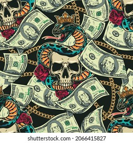 Money colorful vintage seamless pattern with falling dollar banknotes gold chains roses skull entwined with snake in royal crown vector illustration