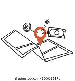 money come out of gps map pin point money location in doodle style