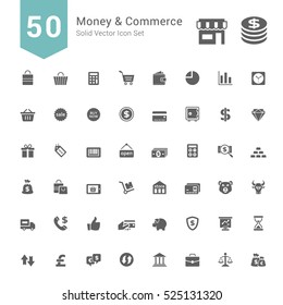 Money and Commerce Icon Set. 50 Solid Vector Icons.