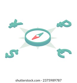 Money compass. A simple compass pointing to 4 different currencies. Isometric vector illustration