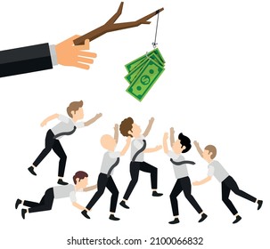 Money and competition. business people trying to catch dollar hanging on tree branch.business people chasing dollars. editable vector.	