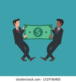 Money competition concept. Two man workers pulling dollar banknote. Wage conflict, financial struggle, equality fight, hard budget symbol. Flat vector illustration.