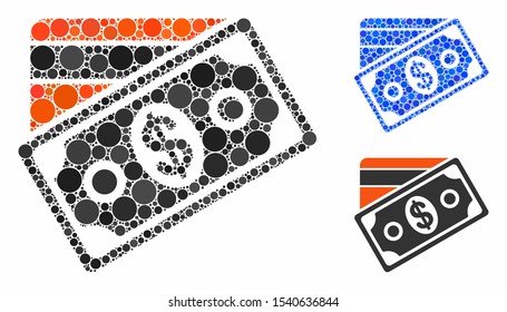 Money composition of filled circles in different sizes and color tinges, based on money icon. Vector filled circles are organized into blue mosaic. Dotted money icon in usual and blue versions.