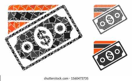 Money composition of humpy elements in variable sizes and color tinges, based on money icon. Vector humpy items are united into collage. Money icons collage with dotted pattern.