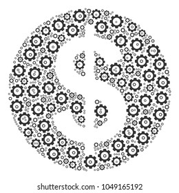Money composition of tooth gears. Vector gear wheel items are composed into money figure.