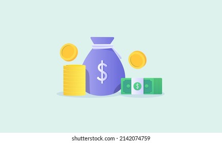 Concepto de dinero. bolsa de dinero, pila de monedas y logotipo de billetes