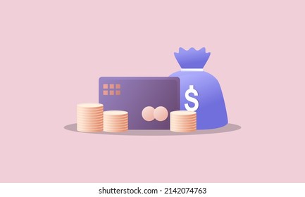 Concepto de dinero. bolsa de dinero, pila de monedas y logotipo de billetes