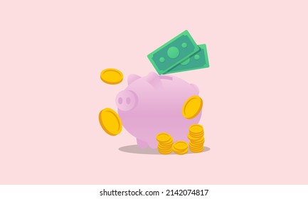 Concepto de dinero. bolsa de dinero, pila de monedas y logotipo de billetes