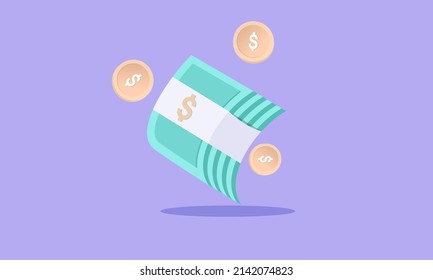 Concepto de dinero. bolsa de dinero, pila de monedas y logotipo de billetes