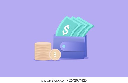 Concepto de dinero. bolsa de dinero, pila de monedas y logotipo de billetes
