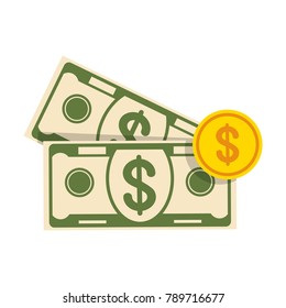 Money concept. Bundle of paper banknotes and cash gold dollar coins. Wealth, financial success. Flat vector cartoon illustration. Objects isolated on white background.