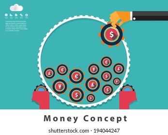 Money Concept Design and Business background. Vector dollar, euro, yen and pound signs.