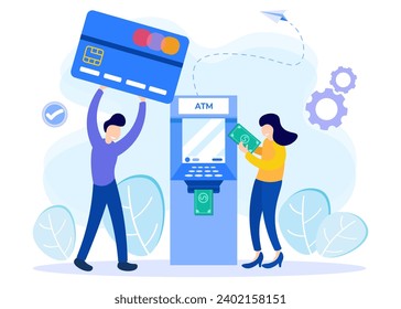 Ilustración vectorial plana de concepto de dinero, personaje de la gente con cajero automático. Toma y transferencia de billetes a través de cuentas. Terminal de retirada segura y