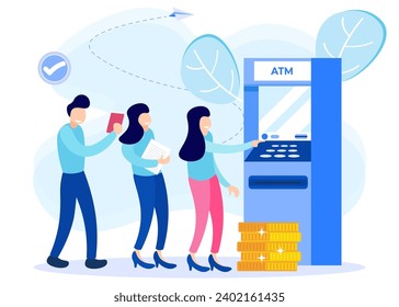 Money concept flat vector illustration, person character with ATM machine. Take and transfer banknotes via account. Secure withdrawal terminal