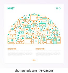 Money concept in half circle with thin line icons: cash, credit card, pos terminal, piggy bank, wallet, hand with coins, bag of gold. Modern vector illustration for banner, print media, web page.