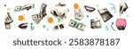 Money concept halftone art collage cut outs set. Paper clippings, hands holding 100 dollar bills, cash, golden coins, piggy bank, calculator. Modern retro mixed media vector illustration
