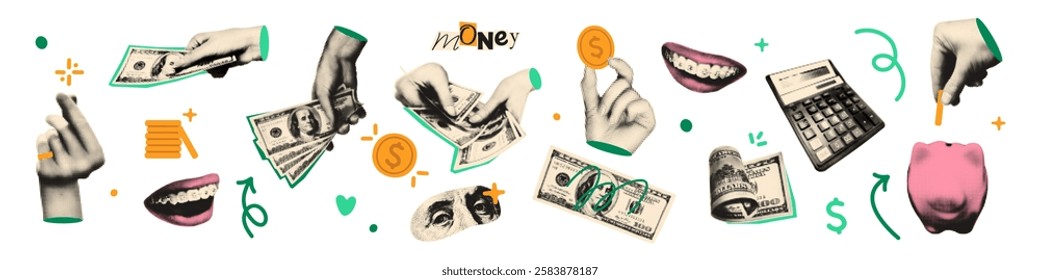 Money concept halftone art collage cut outs set. Paper clippings, hands holding 100 dollar bills, cash, golden coins, piggy bank, calculator. Modern retro mixed media vector illustration