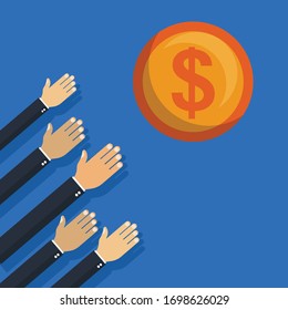 money concept - hands reaching out to get money.Conceptual vector illustration in flat style design.Isolated on background.