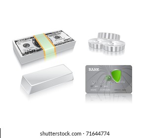 money concept icon set - dollar bill, silver coins, ingot, credit card