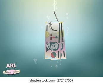 Money concept illustration, Argentina peso money paper on fish hook