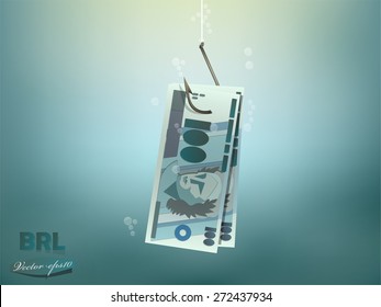 Money concept illustration, brasilian reals money paper on fish hook