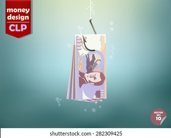 Money concept illustration, Chilean peso money paper on fish hook