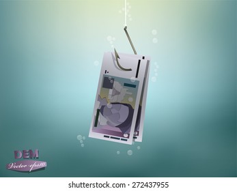 Money concept illustration, deutsche mark money paper on fish hook