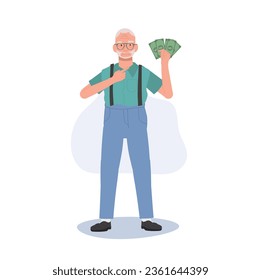 Money Concept Illustration. Elegant Elderly man Showing Retirement Funds. Granny showing money fan