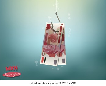 Money concept illustration, mexican pesos money paper on fish hook