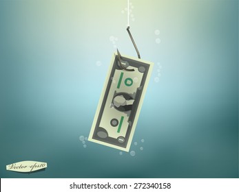 Money concept illustration, US Dollar money paper on fish hook