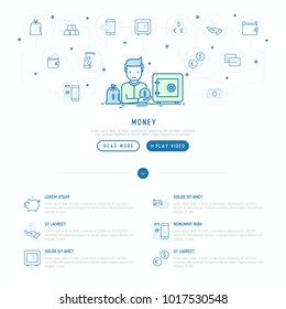 Money concept: man near safe and bag of gold with thin line icons: cash, credit card, pos terminal, piggy bank, wallet, hand with coins. Modern vector illustration, web page template